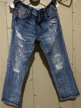 Rock Revival Dark Blue Denim Jeans with Inner Orange Embroidered Accents